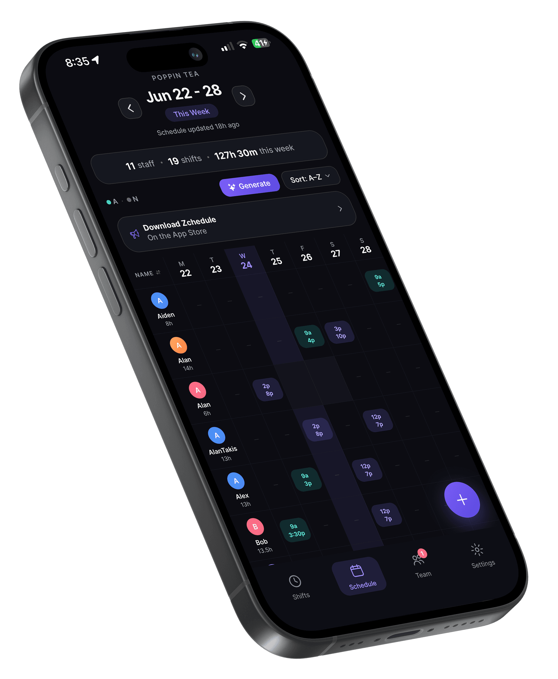 Zchedule app schedule screens