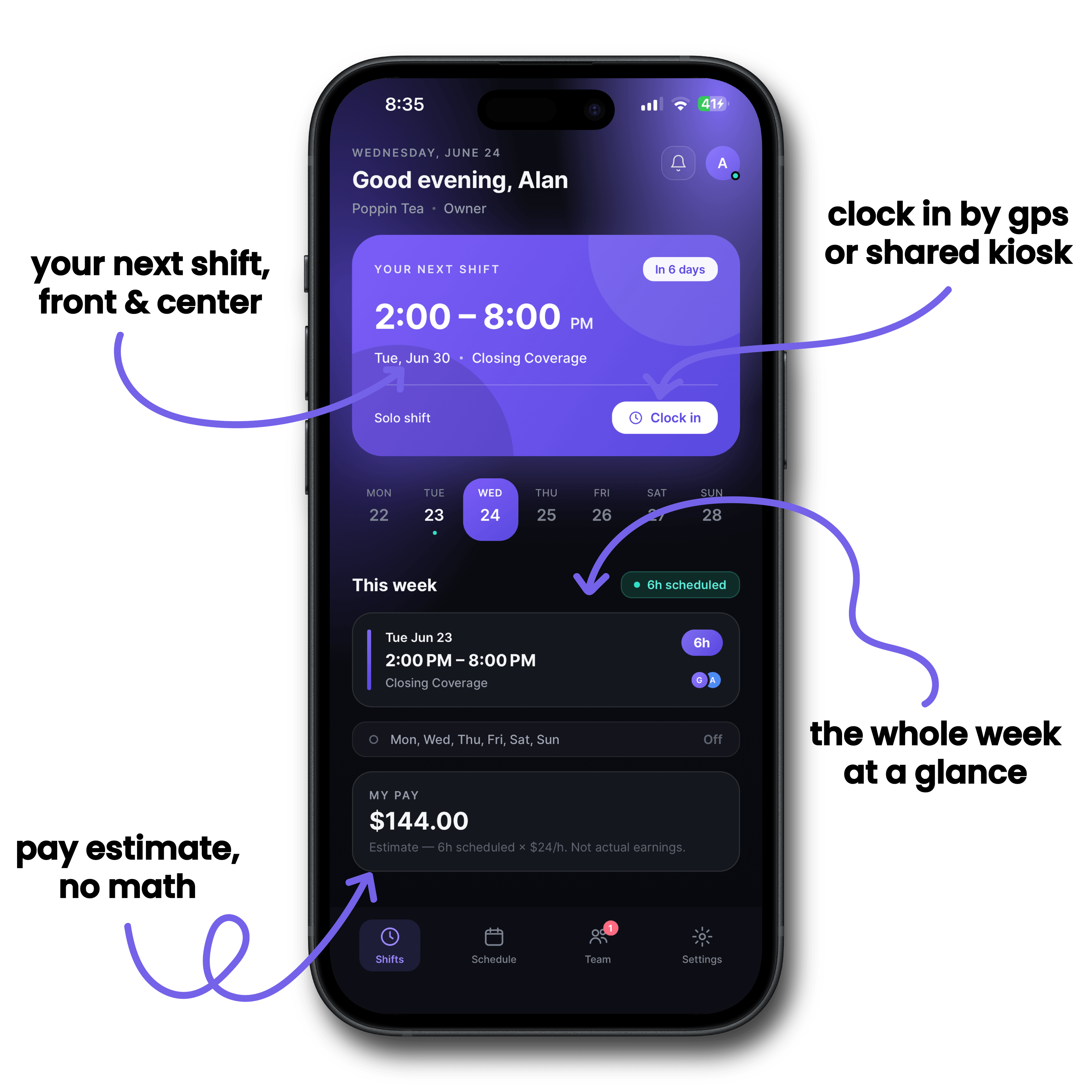 Zchedule mobile app home screen showing your next shift, weekly schedule, clock-in, and pay estimate.