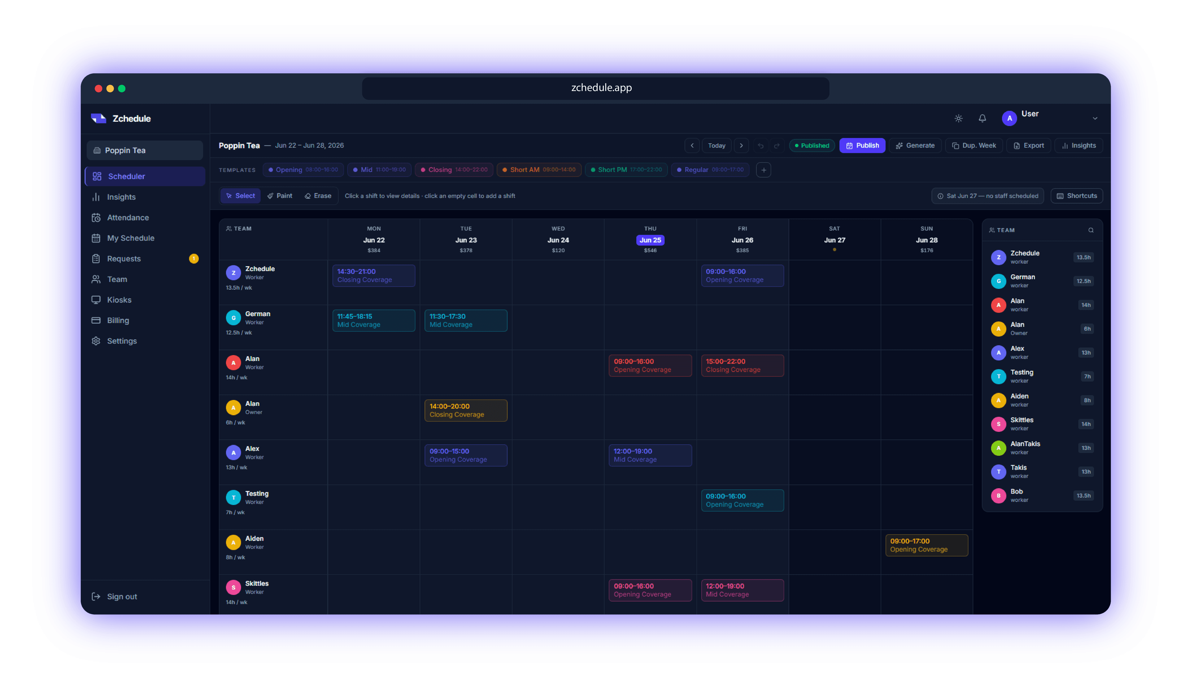 The Zchedule weekly schedule board showing a built week, schedule conflicts, and the Publish action