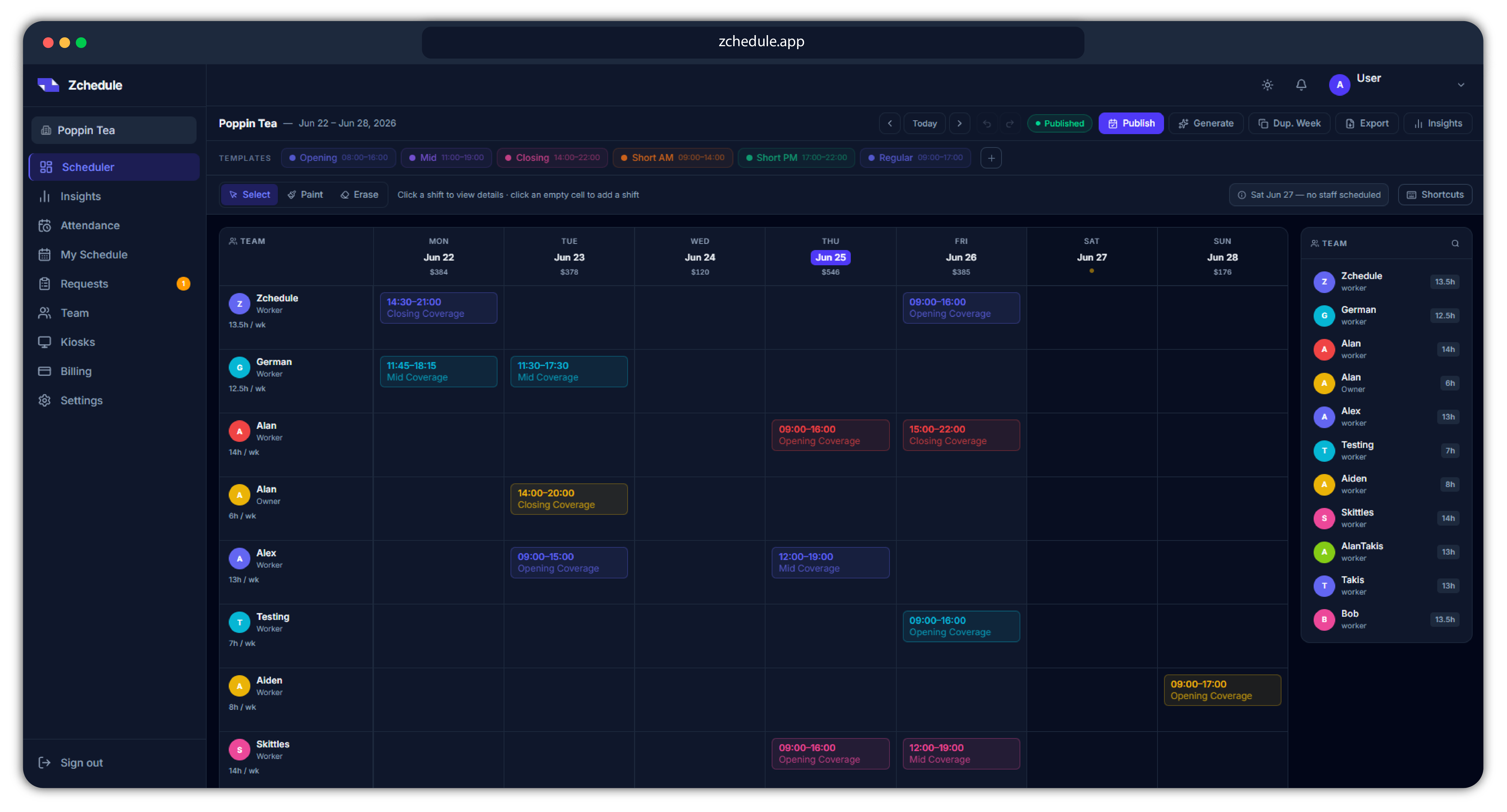 Zchedule web dashboard showing the weekly schedule board